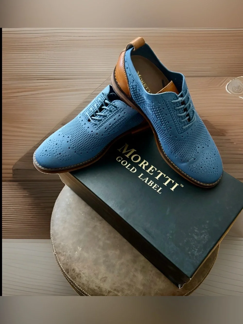 Moretti Gold Label Ashland II Light Blue Knit Leather Wingtip Oxfords 7.5D NWT